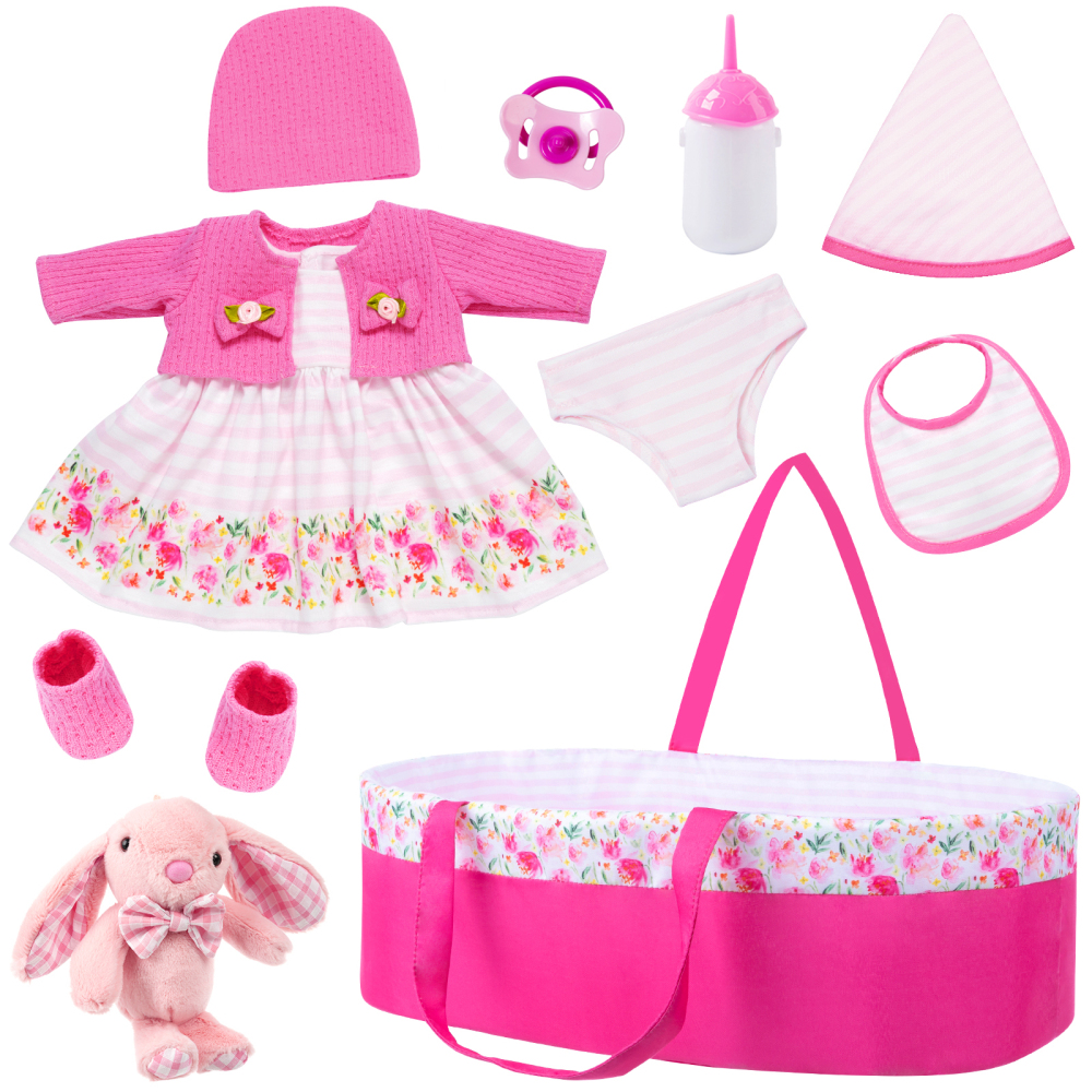 10 Pcs Baby Doll Clothes with Bassinet for 17-22 inch Baby Doll, Baby Doll Reborn Outfit Clothes Accessories Including Bib Nursing Bottle Rubber Pacif