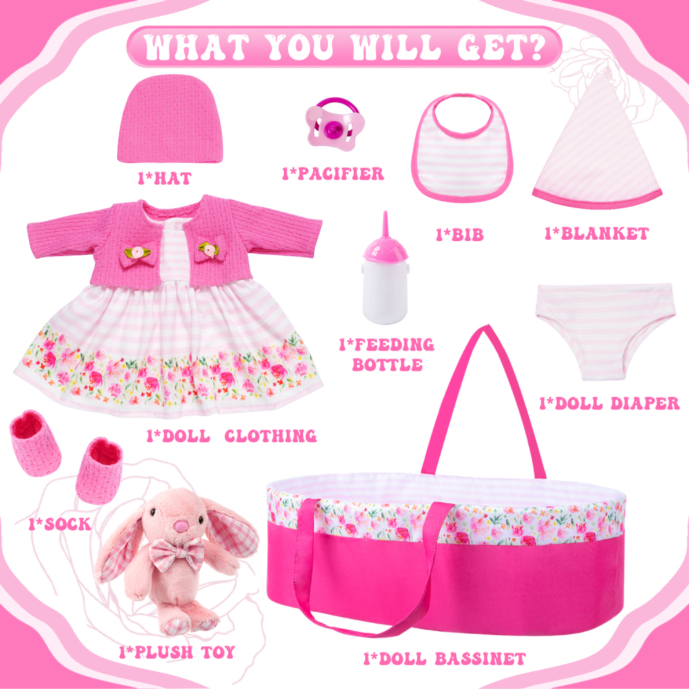 10 Pcs Baby Doll Clothes with Bassinet for 17-22 inch Baby Doll, Baby Doll Reborn Outfit Clothes Accessories Including Bib Nursing Bottle Rubber Pacif