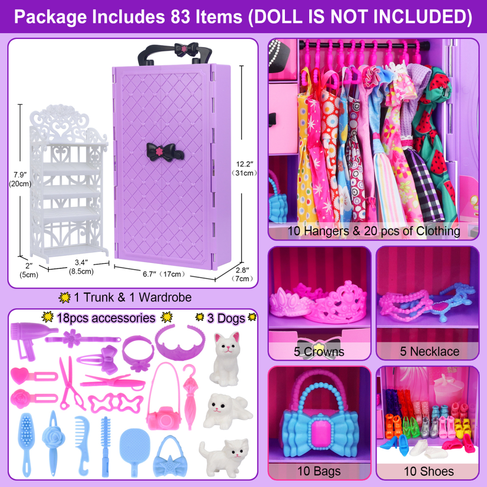 Girl Doll Clothes and Accessories Girl Doll Closet Wardrobe with Clothes, Dresses, Shoes and Other Girl Doll Stuff for 11.5 Inch Girl Doll Clothes as Gift Present for Girls (NOT Includ Doll)
