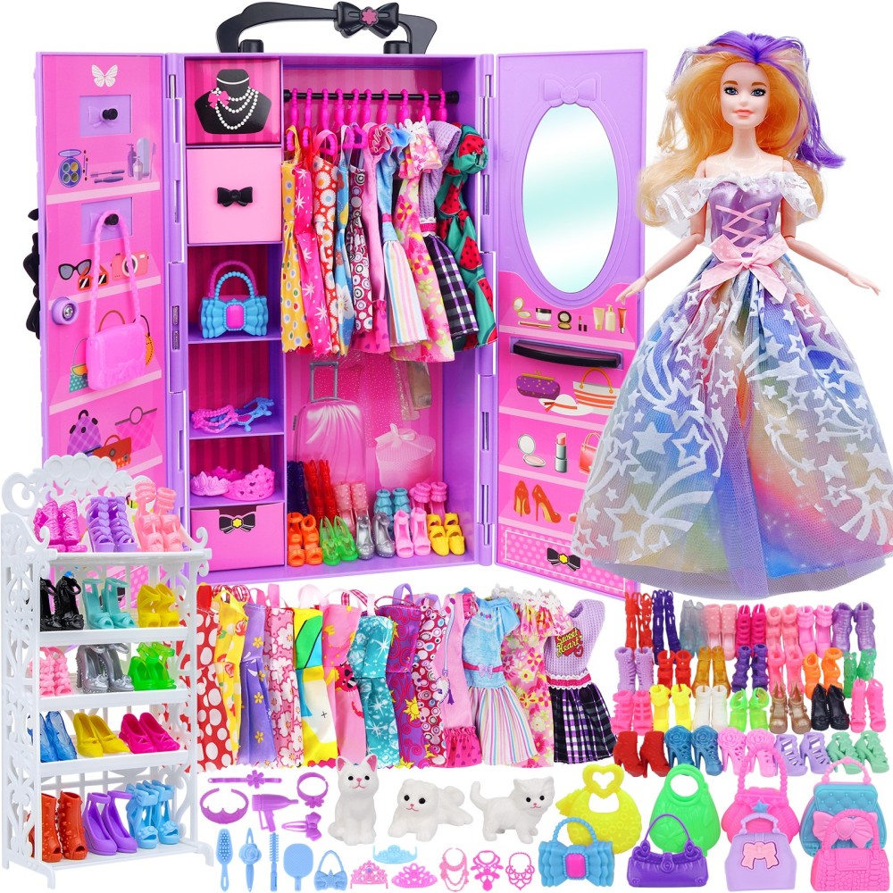 Girl Doll Clothes and Accessories Girl Doll Closet Wardrobe with Clothes, Dresses, Shoes and Other Girl Doll Stuff for 11.5 Inch Girl Doll Clothes as Gift Present for Girls (NOT Includ Doll)
