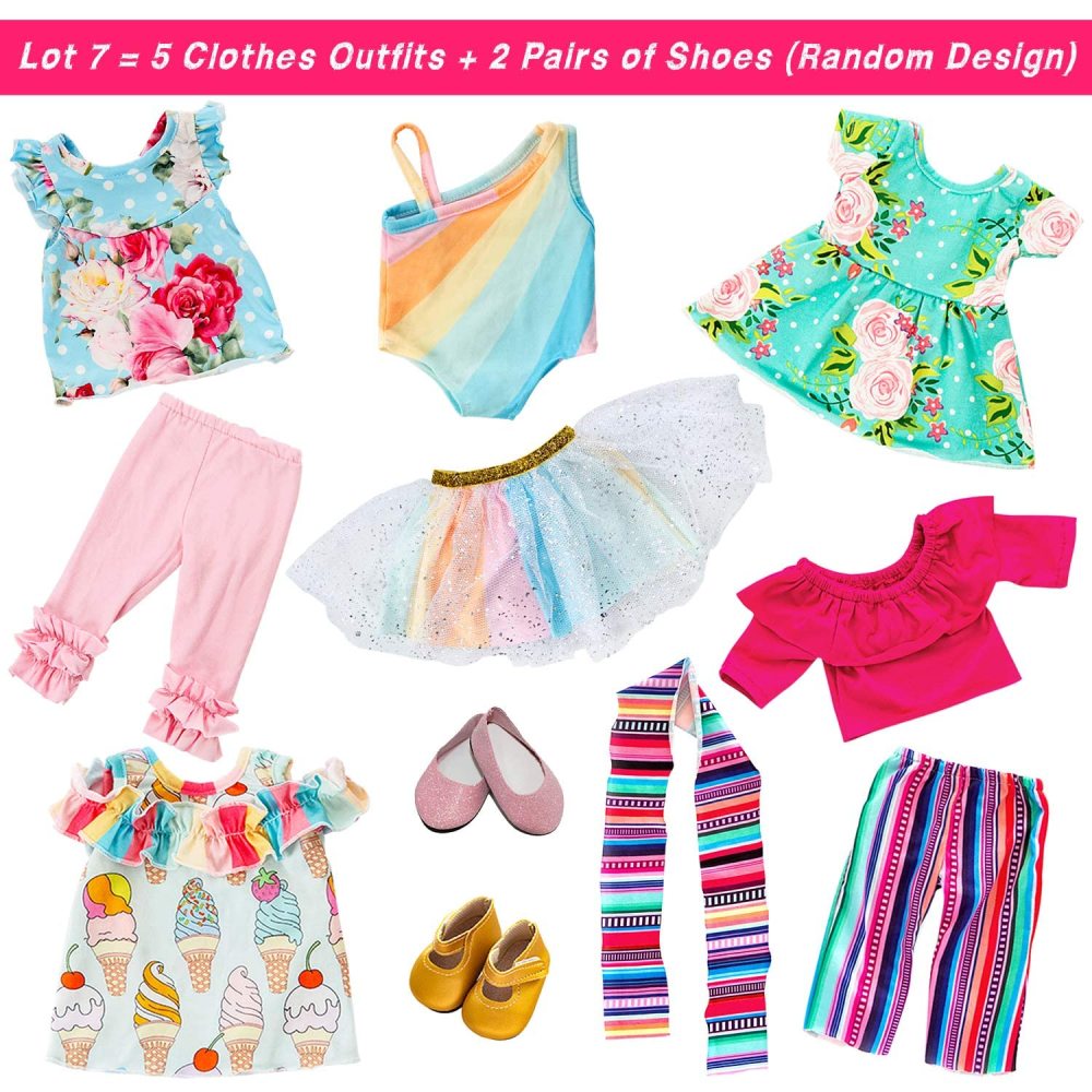 11 Pcs American Doll Clothes Dress and Accessories for 18 inch Doll - 5 Sets Doll Outfits + 2 Pairs Random Style Shoes for 18 Inch Doll