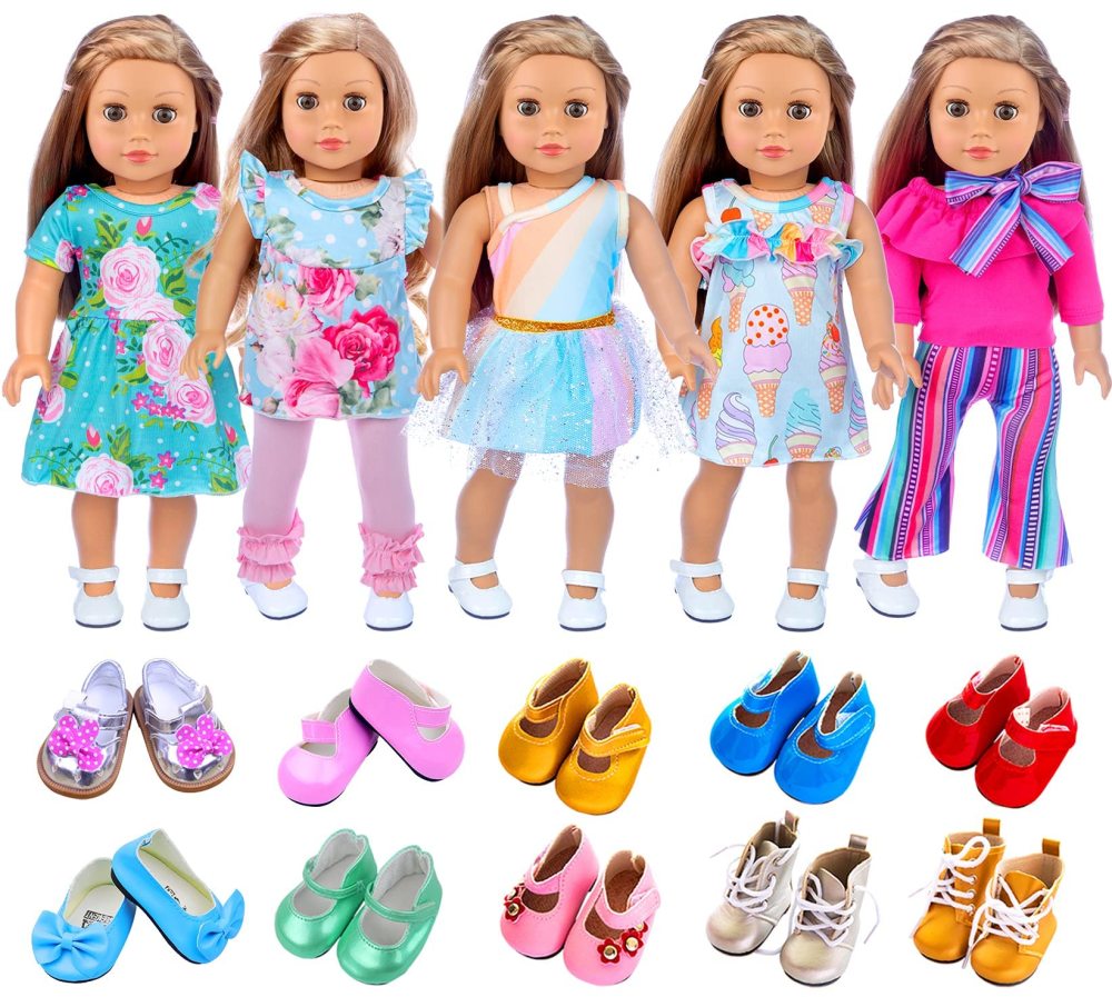 11 Pcs American Doll Clothes Dress and Accessories for 18 inch Doll - 5 Sets Doll Outfits + 2 Pairs Random Style Shoes for 18 Inch Doll