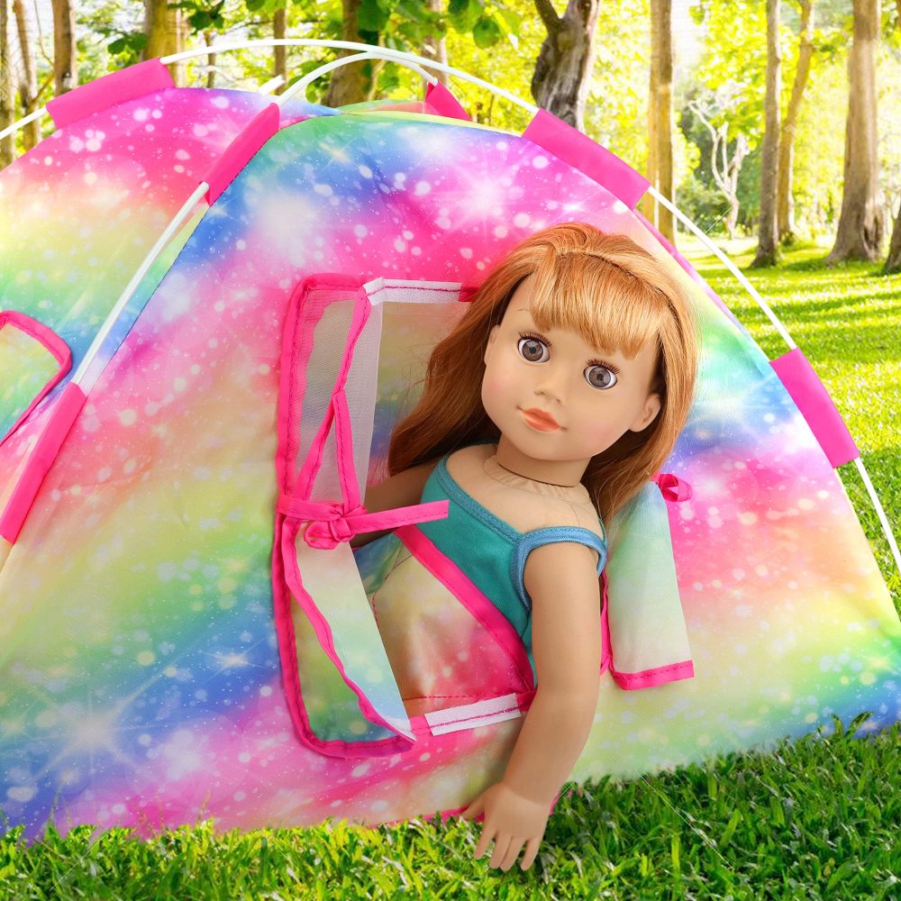 7 Items Fashion Doll Camping Tent Set for 18 Inch Girl Doll Accessories - Including 18 Inch Doll Camping Tent, Sleeping Bag, Clothes Set, Shoes, Camera, EYE Glasses and Toy Dog
