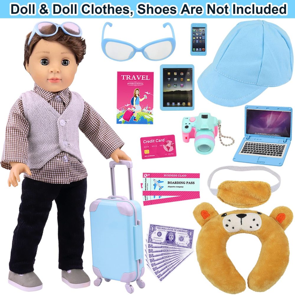 22 Pcs 18 Inch Boy Doll Clothes Suitcase Set for 19 Inch Boy Doll Accessories Travel Carrier Storage, Including Suitcase Pillow Blindfold Sunglasses Camera Computer