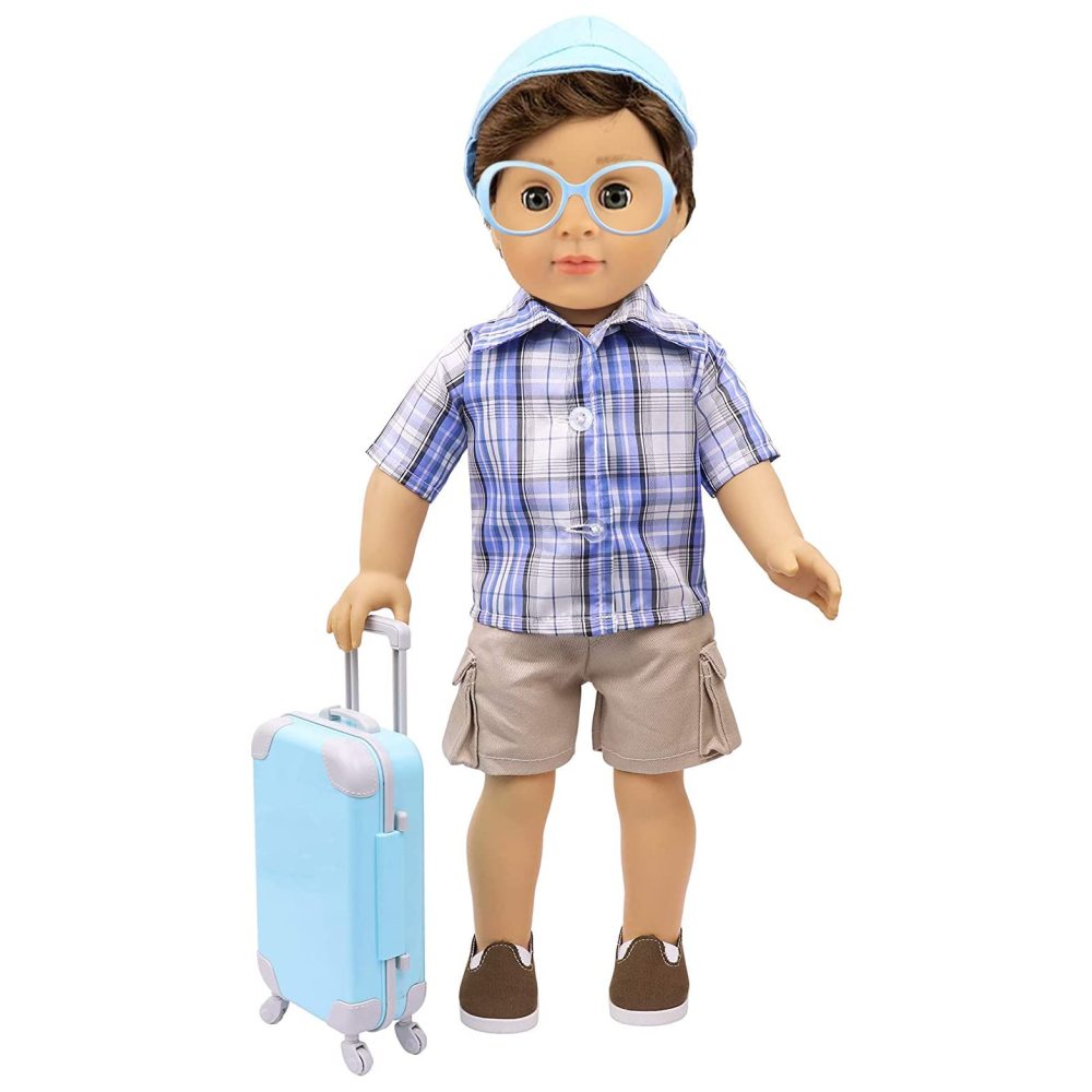 22 Pcs 18 Inch Boy Doll Clothes Suitcase Set for 19 Inch Boy Doll Accessories Travel Carrier Storage, Including Suitcase Pillow Blindfold Sunglasses Camera Computer