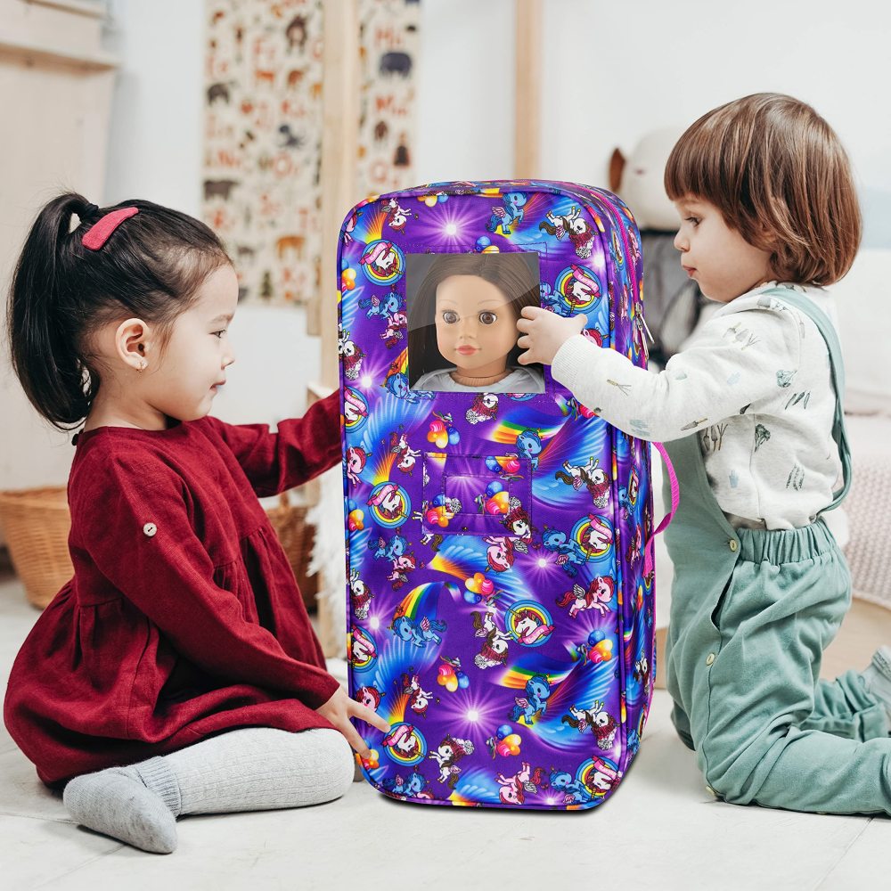 Doll Travel Carrier Unicorn Doll Storage Suitcase Great Fit for 18 Inch Girls Doll Case with Multi-Pocket