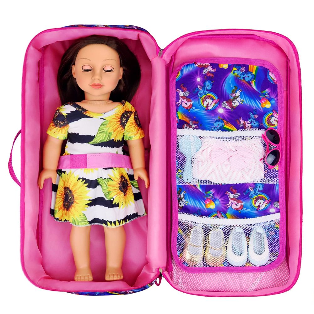Doll Travel Carrier Unicorn Doll Storage Suitcase Great Fit for 18 Inch Girls Doll Case with Multi-Pocket