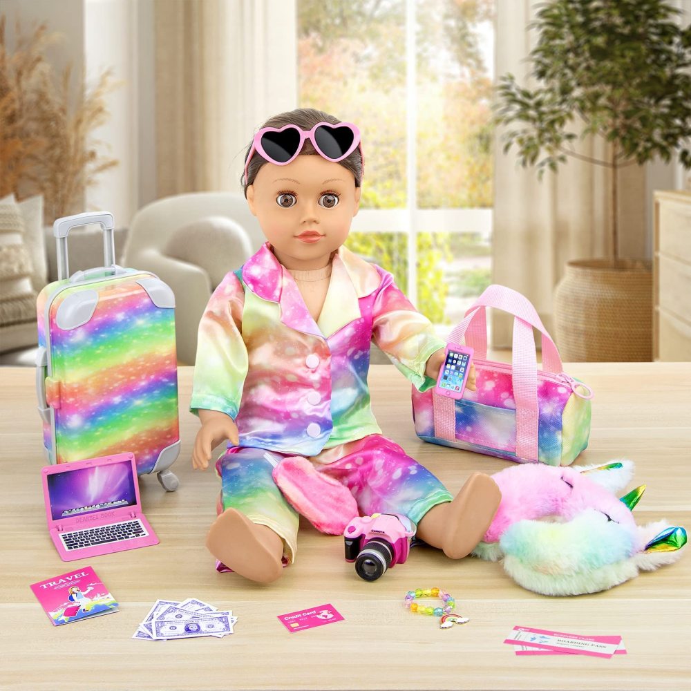 23 PCS American 18 Inch Doll Accessories Suitcase Luggage Travel Set - Rainbow Suitcase Rainbow Bag Camera Computer Cell Phone Neck Pillow Eye Mask Glasses Gift for Christmas (NO DOLL)