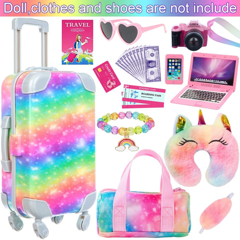 23 PCS American 18 Inch Doll Accessories Suitcase Luggage Travel Set - Rainbow Suitcase Rainbow Bag Camera Computer Cell Phone Neck Pillow Eye Mask Glasses Gift for Christmas (NO DOLL)