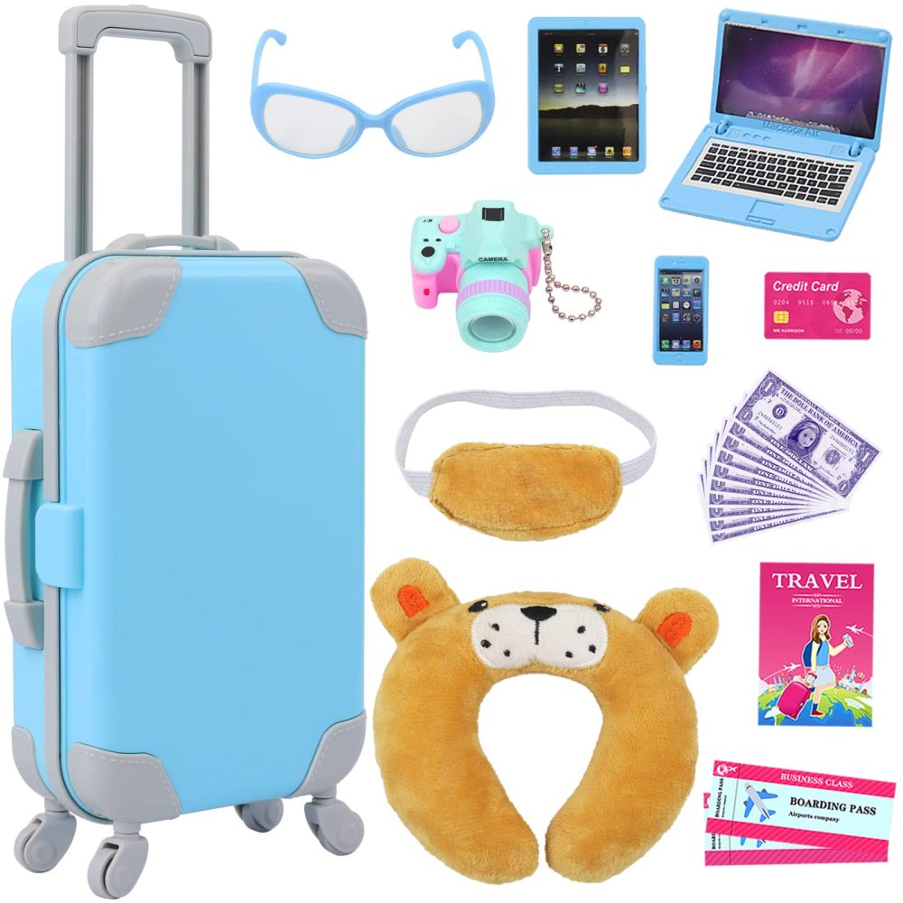 22 Pcs 18 Inch Boy Doll Clothes Suitcase Set for 19 Inch Boy Doll Accessories Travel Carrier Storage, Including Suitcase Pillow Blindfold Sunglasses Camera Computer