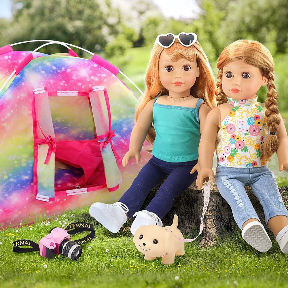 7 Items Fashion Doll Camping Tent Set for 18 Inch Girl Doll Accessories - Including 18 Inch Doll Camping Tent, Sleeping Bag, Clothes Set, Shoes, Camera, EYE Glasses and Toy Dog