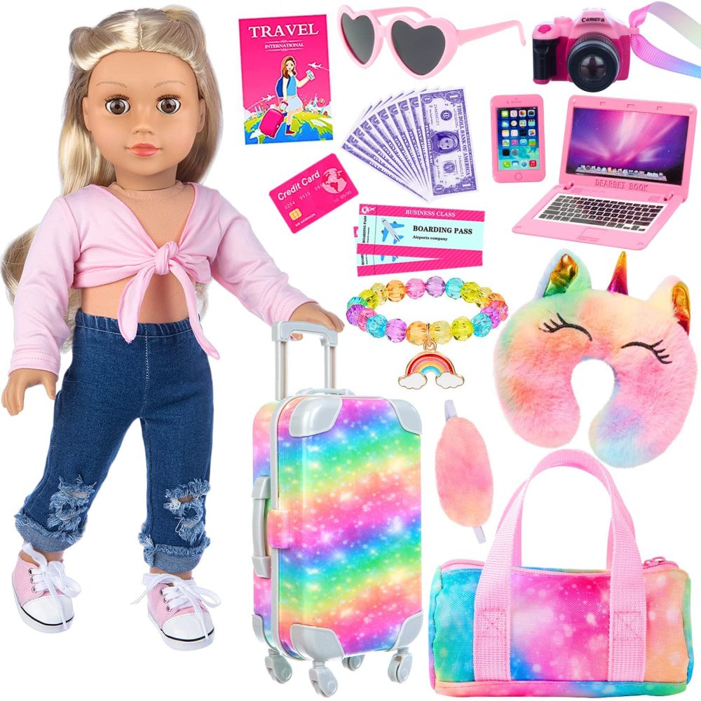 23 PCS American 18 Inch Doll Accessories Suitcase Luggage Travel Set - Rainbow Suitcase Rainbow Bag Camera Computer Cell Phone Neck Pillow Eye Mask Glasses Gift for Christmas (NO DOLL)