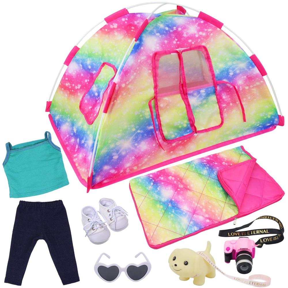 7 Items Fashion Doll Camping Tent Set for 18 Inch Girl Doll Accessories - Including 18 Inch Doll Camping Tent, Sleeping Bag, Clothes Set, Shoes, Camera, EYE Glasses and Toy Dog