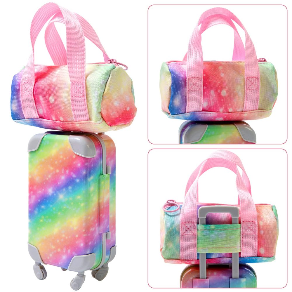 23 PCS American 18 Inch Doll Accessories Suitcase Luggage Travel Set - Rainbow Suitcase Rainbow Bag Camera Computer Cell Phone Neck Pillow Eye Mask Glasses Gift for Christmas (NO DOLL)