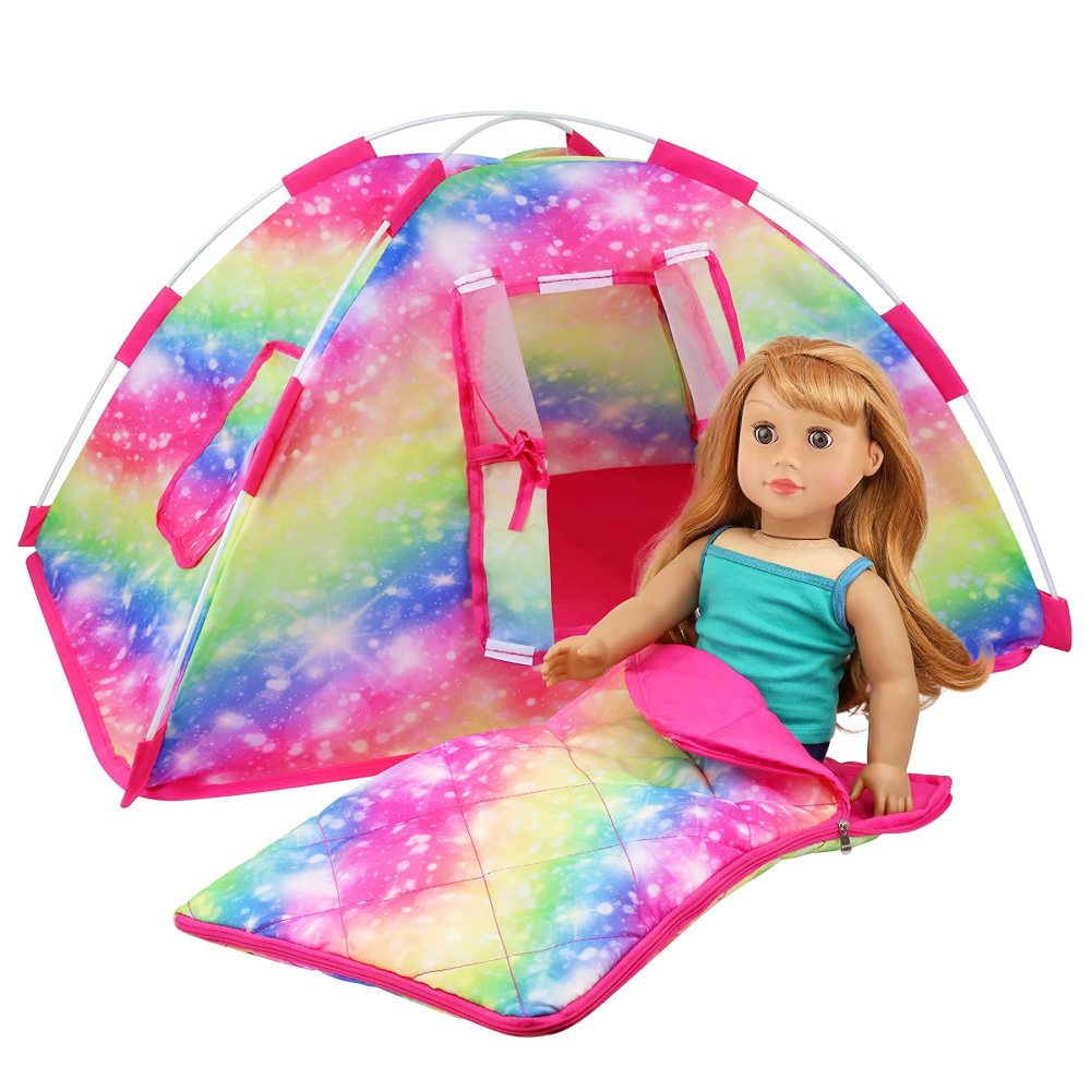 7 Items Fashion Doll Camping Tent Set for 18 Inch Girl Doll Accessories - Including 18 Inch Doll Camping Tent, Sleeping Bag, Clothes Set, Shoes, Camera, EYE Glasses and Toy Dog