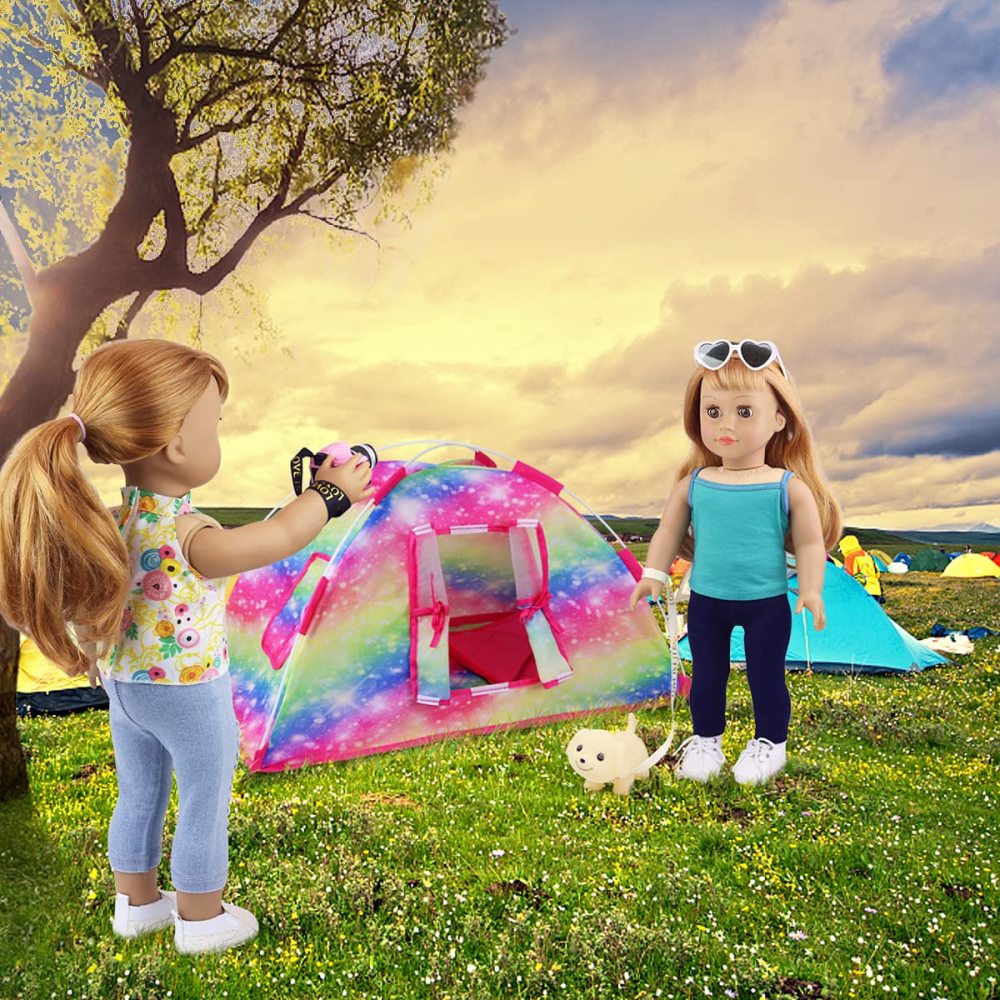 7 Items Fashion Doll Camping Tent Set for 18 Inch Girl Doll Accessories - Including 18 Inch Doll Camping Tent, Sleeping Bag, Clothes Set, Shoes, Camera, EYE Glasses and Toy Dog