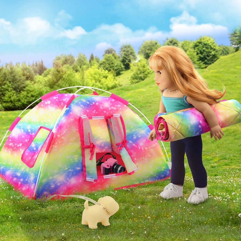 7 Items Fashion Doll Camping Tent Set for 18 Inch Girl Doll Accessories - Including 18 Inch Doll Camping Tent, Sleeping Bag, Clothes Set, Shoes, Camera, EYE Glasses and Toy Dog