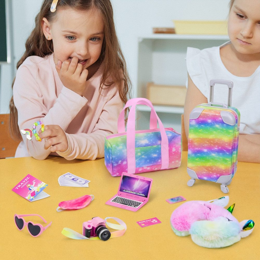 23 PCS American 18 Inch Doll Accessories Suitcase Luggage Travel Set - Rainbow Suitcase Rainbow Bag Camera Computer Cell Phone Neck Pillow Eye Mask Glasses Gift for Christmas (NO DOLL)