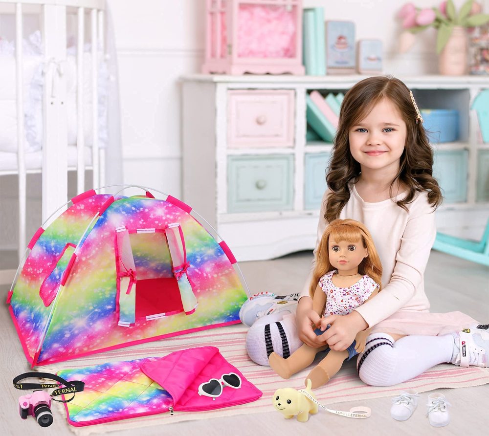 7 Items Fashion Doll Camping Tent Set for 18 Inch Girl Doll Accessories - Including 18 Inch Doll Camping Tent, Sleeping Bag, Clothes Set, Shoes, Camera, EYE Glasses and Toy Dog