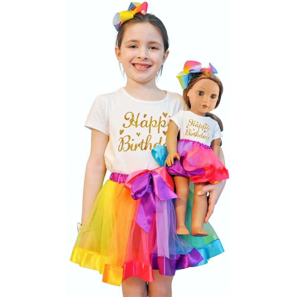 Rainbow Clothes and Hair Accessories for 18 Inch Girl Doll Matching Girls Outfits - 2 Cotton Shirts, 2 Rainbow Tutu Skirts and 2 Bow Hair Clips for Kid Girl Birthday Gift.