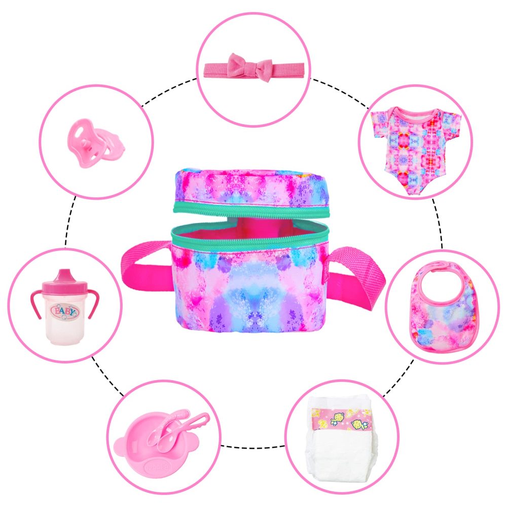 10 PCS Baby Doll Accessories, Baby Doll Feeding and Caring Set Pretend Play Set for Kids includes Carry Bag, Dinner Plate, Doll Drinking Bottles, Babies Doll Bib (NO Doll)