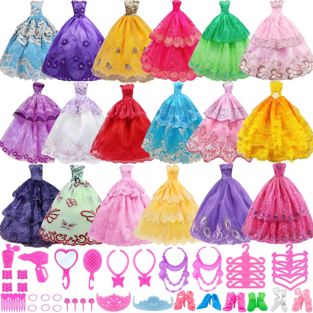 51 Pcs 11.5 Inch Girl Doll Clothes and Accessories - 6 Pcs 11.5 Inch Girl Doll Wedding Evening Party Dresses Grown with 45 Pcs 11.5 Inch Girl Doll Shoes Hangers and Other Accessories