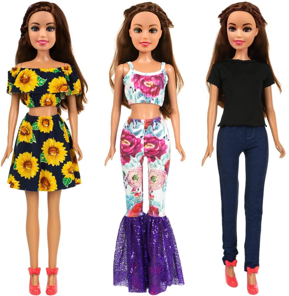 3 Sets Fashion 28 Inch Girl Doll Clothes Dress Outfits - Quality Casual Wear Clothes Set, Fashion Sun Flower Off Shoulder Dress and Sequined Flared Pants for 28 Inch Girl Doll Clothing