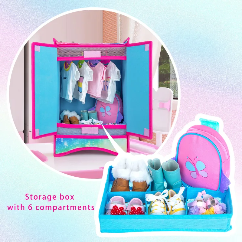 18 Inch Girl Doll Accessories Closet Wardrobe Set - Including 18 Inch Doll Clothes Wardrobe, Hangers and Storage Box for Our My Generation Life Doll Accessories