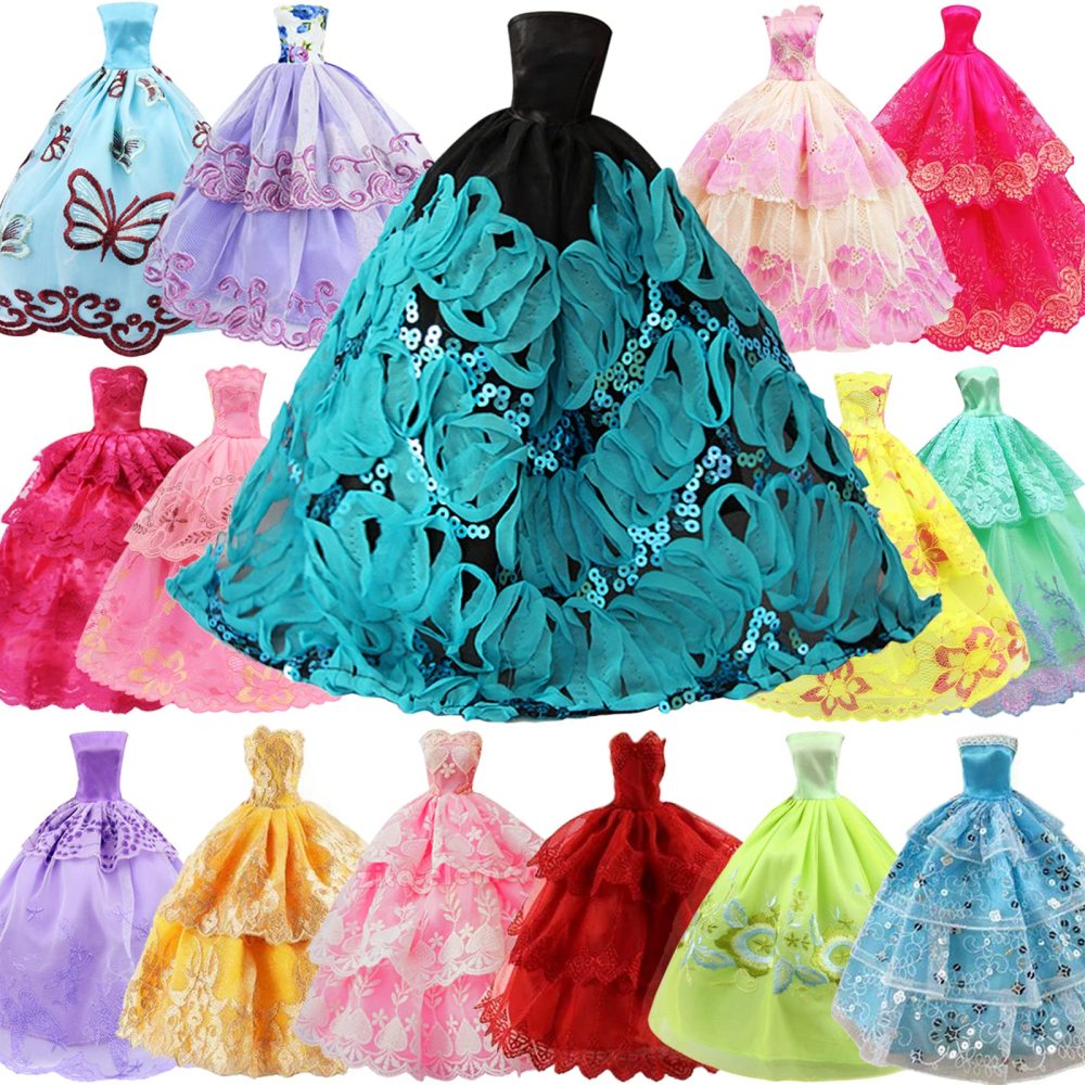 51 Pcs 11.5 Inch Girl Doll Clothes and Accessories - 6 Pcs 11.5 Inch Girl Doll Wedding Evening Party Dresses Grown with 45 Pcs 11.5 Inch Girl Doll Shoes Hangers and Other Accessories