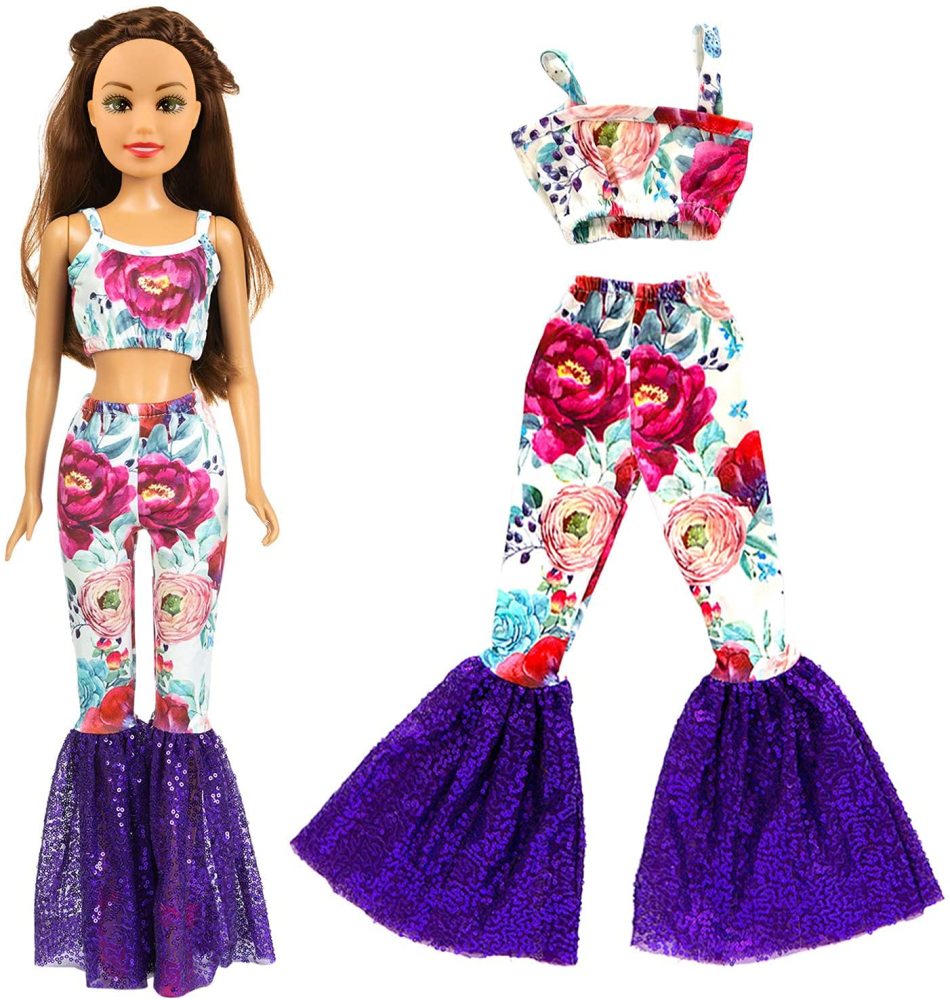 3 Sets Fashion 28 Inch Girl Doll Clothes Dress Outfits - Quality Casual Wear Clothes Set, Fashion Sun Flower Off Shoulder Dress and Sequined Flared Pants for 28 Inch Girl Doll Clothing
