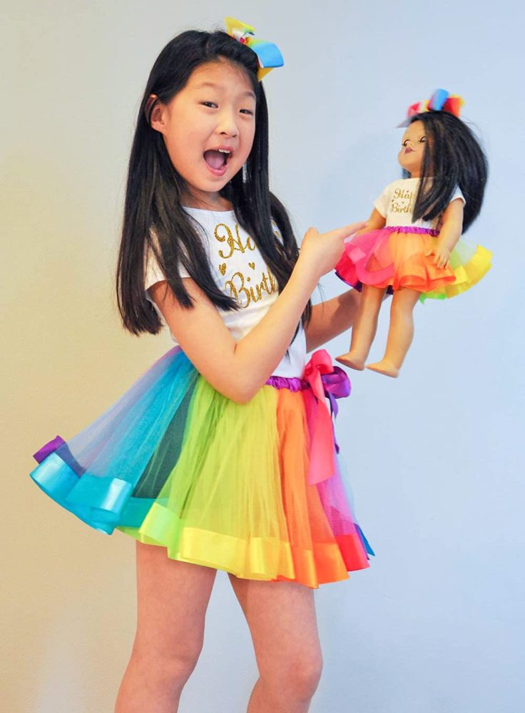 Rainbow Clothes and Hair Accessories for 18 Inch Girl Doll Matching Girls Outfits - 2 Cotton Shirts, 2 Rainbow Tutu Skirts and 2 Bow Hair Clips for Kid Girl Birthday Gift.