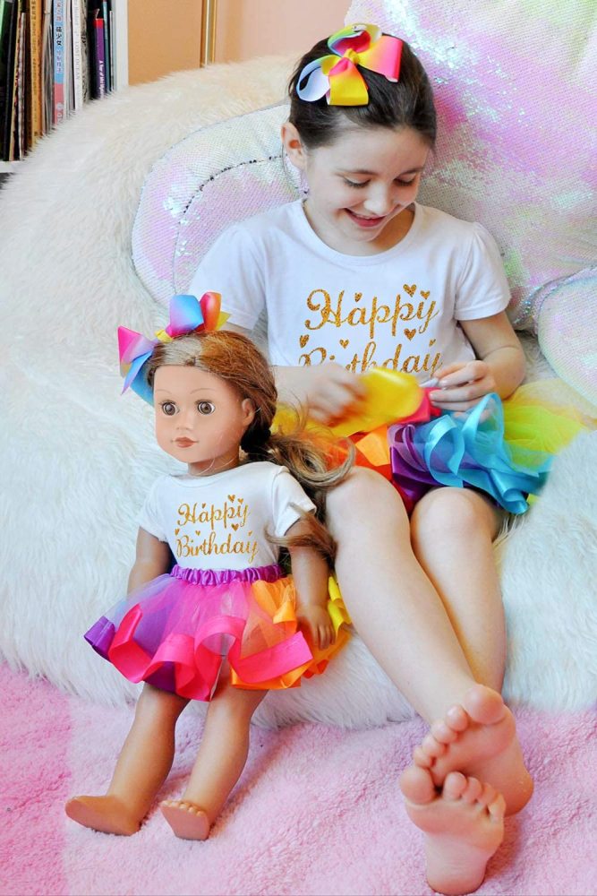 Rainbow Clothes and Hair Accessories for 18 Inch Girl Doll Matching Girls Outfits - 2 Cotton Shirts, 2 Rainbow Tutu Skirts and 2 Bow Hair Clips for Kid Girl Birthday Gift.