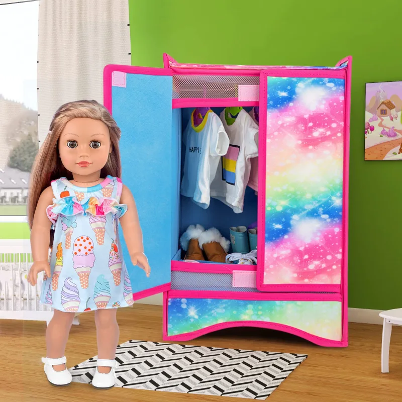 18 Inch Girl Doll Accessories Closet Wardrobe Set - Including 18 Inch Doll Clothes Wardrobe, Hangers and Storage Box for Our My Generation Life Doll Accessories