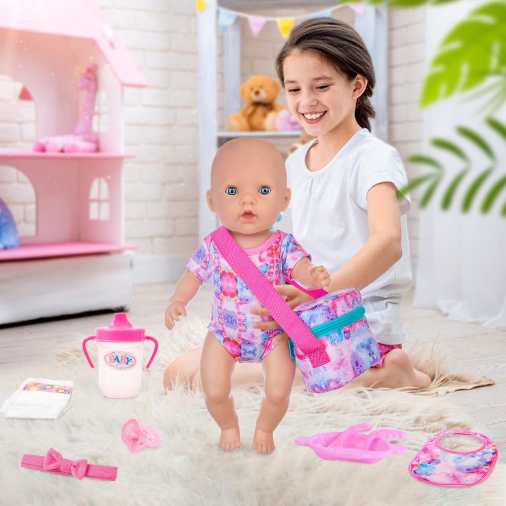 10 PCS Baby Doll Accessories, Baby Doll Feeding and Caring Set Pretend Play Set for Kids includes Carry Bag, Dinner Plate, Doll Drinking Bottles, Babies Doll Bib (NO Doll)