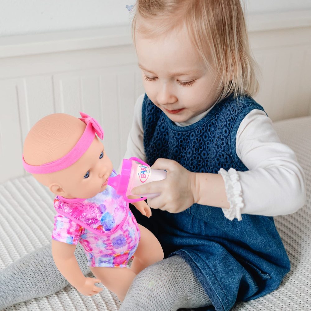 10 PCS Baby Doll Accessories, Baby Doll Feeding and Caring Set Pretend Play Set for Kids includes Carry Bag, Dinner Plate, Doll Drinking Bottles, Babies Doll Bib (NO Doll)