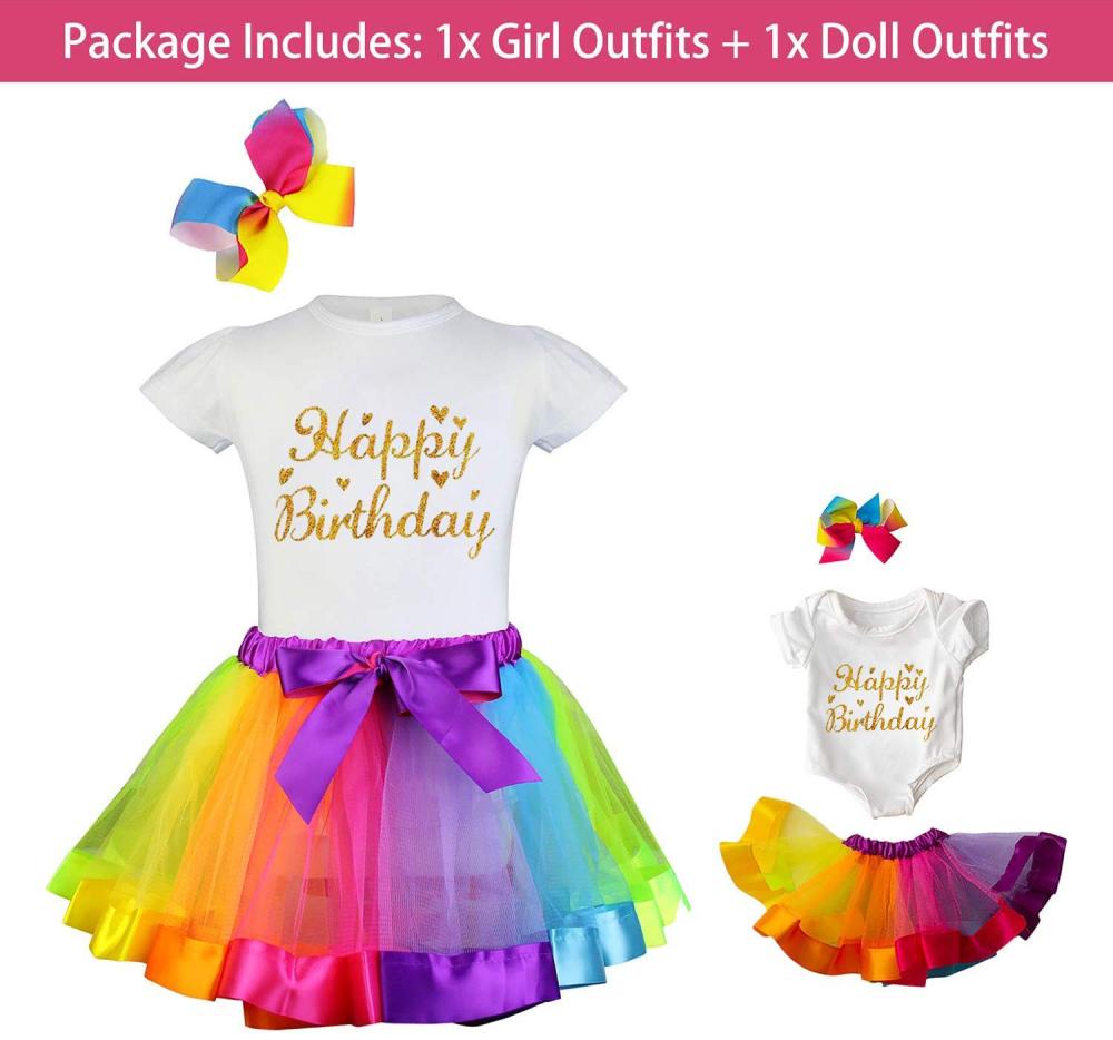Rainbow Clothes and Hair Accessories for 18 Inch Girl Doll Matching Girls Outfits - 2 Cotton Shirts, 2 Rainbow Tutu Skirts and 2 Bow Hair Clips for Kid Girl Birthday Gift.