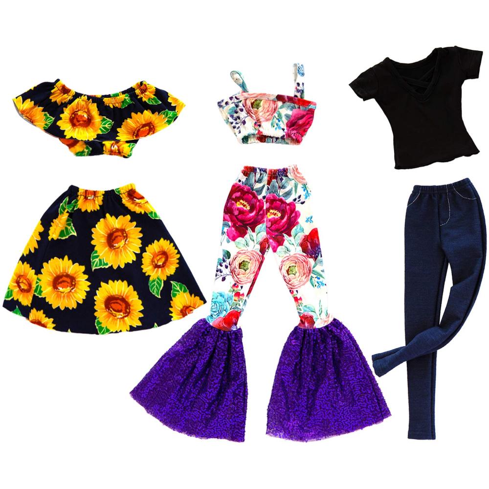 3 Sets Fashion 28 Inch Girl Doll Clothes Dress Outfits - Quality Casual Wear Clothes Set, Fashion Sun Flower Off Shoulder Dress and Sequined Flared Pants for 28 Inch Girl Doll Clothing