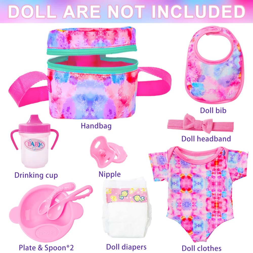 10 PCS Baby Doll Accessories, Baby Doll Feeding and Caring Set Pretend Play Set for Kids includes Carry Bag, Dinner Plate, Doll Drinking Bottles, Babies Doll Bib (NO Doll)
