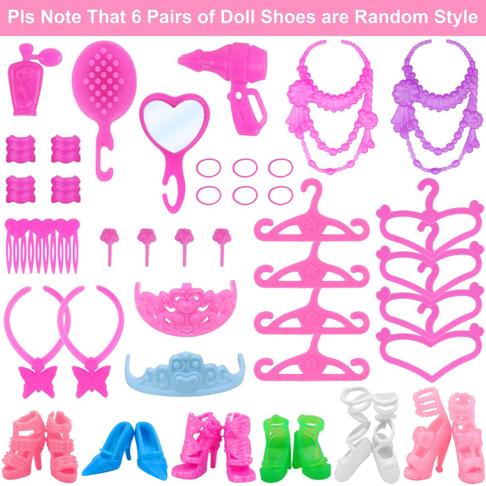 51 Pcs 11.5 Inch Girl Doll Clothes and Accessories - 6 Pcs 11.5 Inch Girl Doll Wedding Evening Party Dresses Grown with 45 Pcs 11.5 Inch Girl Doll Shoes Hangers and Other Accessories