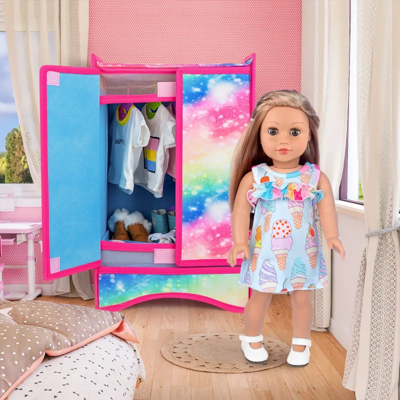 18 Inch Girl Doll Accessories Closet Wardrobe Set - Including 18 Inch Doll Clothes Wardrobe, Hangers and Storage Box for Our My Generation Life Doll Accessories