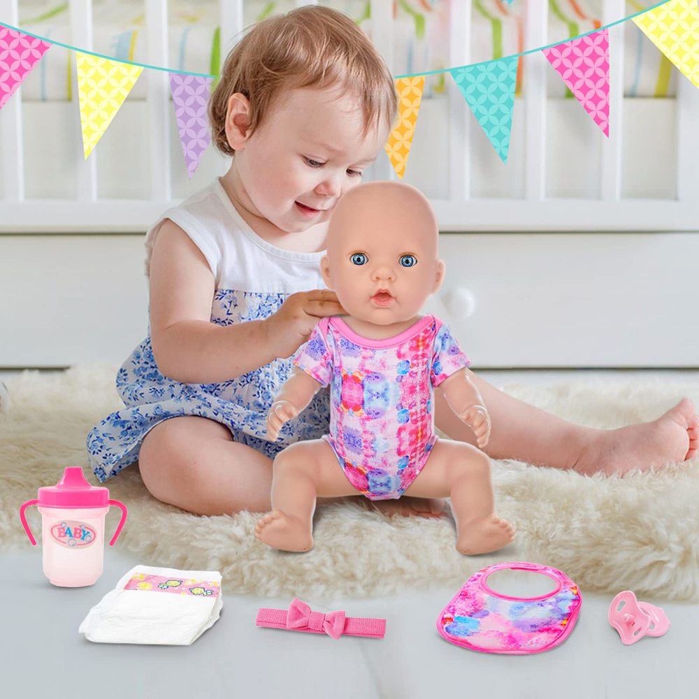 10 PCS Baby Doll Accessories, Baby Doll Feeding and Caring Set Pretend Play Set for Kids includes Carry Bag, Dinner Plate, Doll Drinking Bottles, Babies Doll Bib (NO Doll)