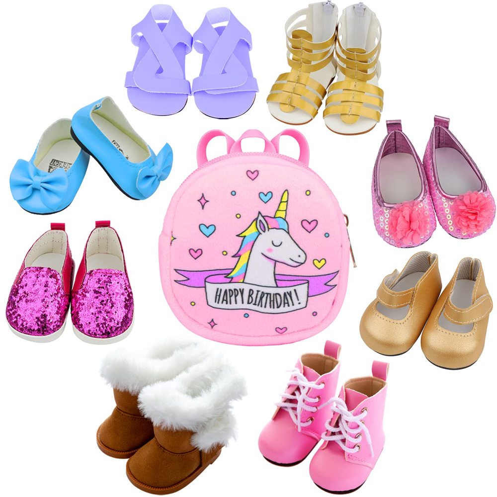 Fashion 8 Pairs of 18 Inch Girl Doll Shoes and 1 Baby Doll Backpack for 18 Inch Girl Doll and Other 18 Inch Doll