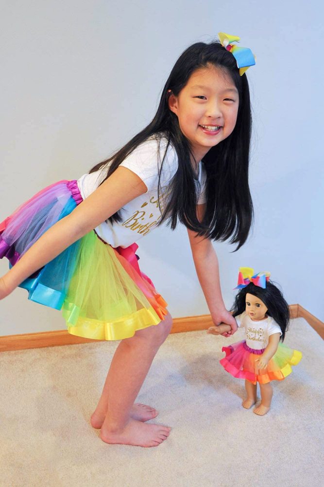 Rainbow Clothes and Hair Accessories for 18 Inch Girl Doll Matching Girls Outfits - 2 Cotton Shirts, 2 Rainbow Tutu Skirts and 2 Bow Hair Clips for Kid Girl Birthday Gift.