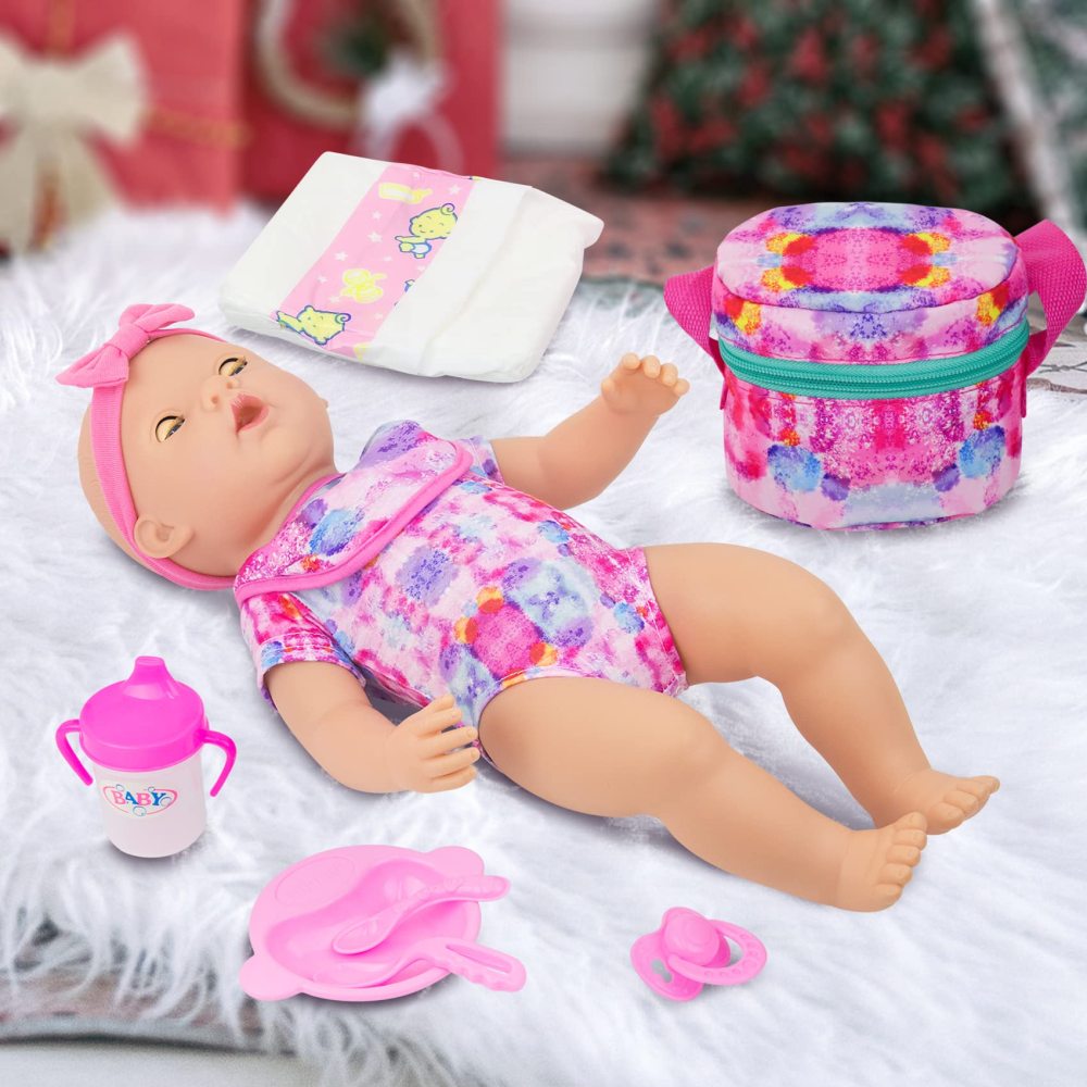 10 PCS Baby Doll Accessories, Baby Doll Feeding and Caring Set Pretend Play Set for Kids includes Carry Bag, Dinner Plate, Doll Drinking Bottles, Babies Doll Bib (NO Doll)