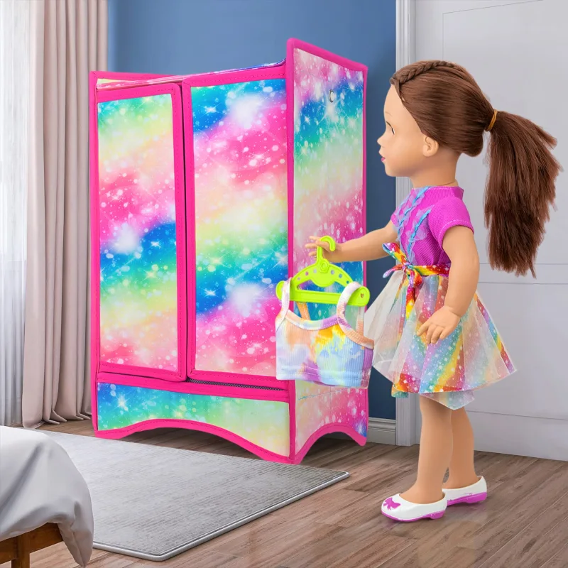 18 Inch Girl Doll Accessories Closet Wardrobe Set - Including 18 Inch Doll Clothes Wardrobe, Hangers and Storage Box for Our My Generation Life Doll Accessories