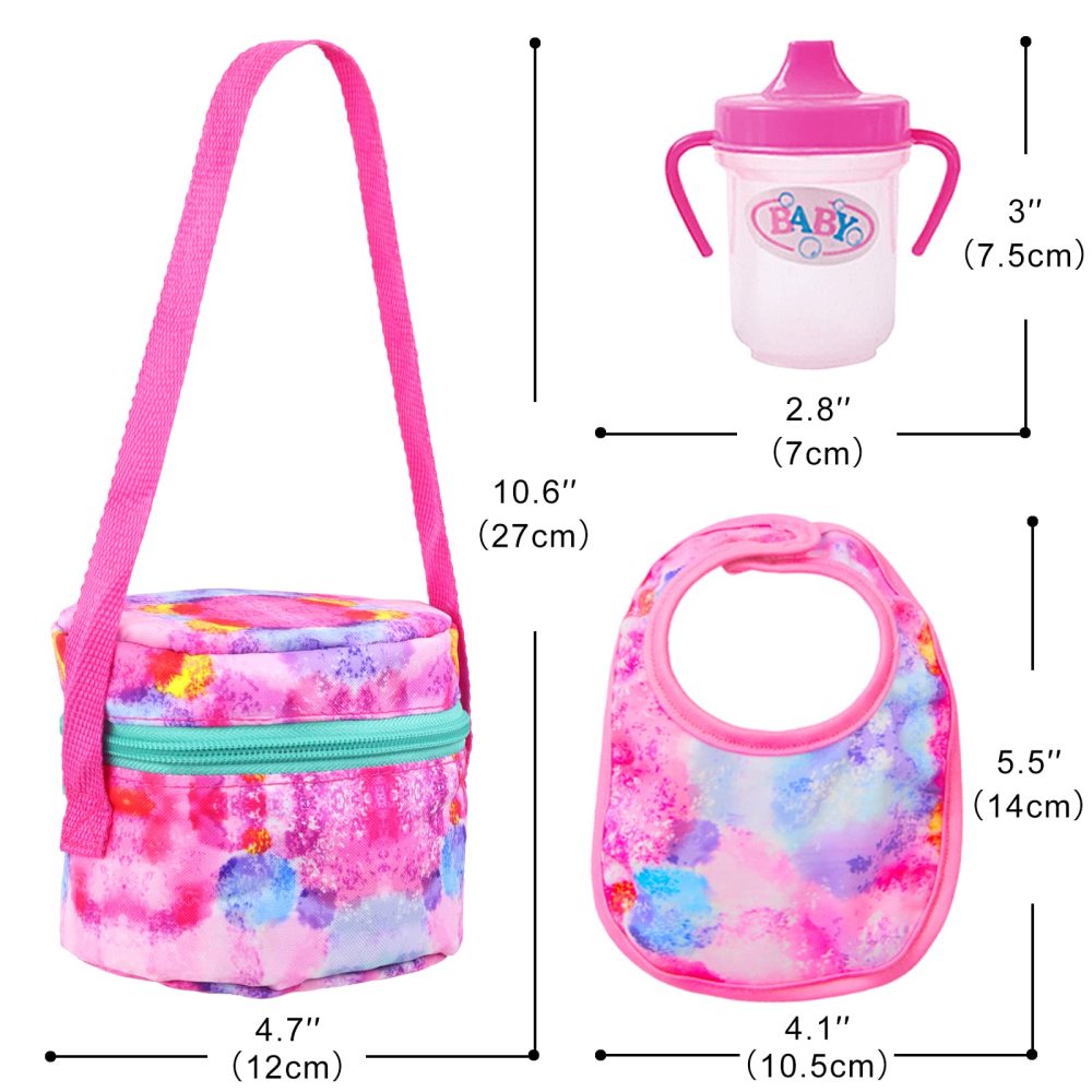 10 PCS Baby Doll Accessories, Baby Doll Feeding and Caring Set Pretend Play Set for Kids includes Carry Bag, Dinner Plate, Doll Drinking Bottles, Babies Doll Bib (NO Doll)
