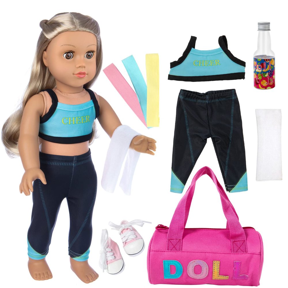 8 Piece 18 Inch Girl Doll Clothes and Accessories Set Include Yoga Sport Clothes Shoes Yoga Bands Towel Drink and Bag