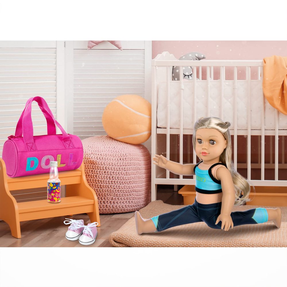 8 Piece 18 Inch Girl Doll Clothes and Accessories Set Include Yoga Sport Clothes Shoes Yoga Bands Towel Drink and Bag