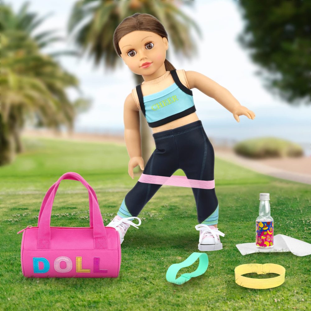 8 Piece 18 Inch Girl Doll Clothes and Accessories Set Include Yoga Sport Clothes Shoes Yoga Bands Towel Drink and Bag