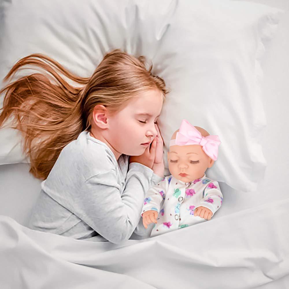 10 inch Baby Girl Doll Reborn and Clothes Set Realistic Washable Silicone Baby Doll New born with Soft White Elephant Pattern Clothes and Headband